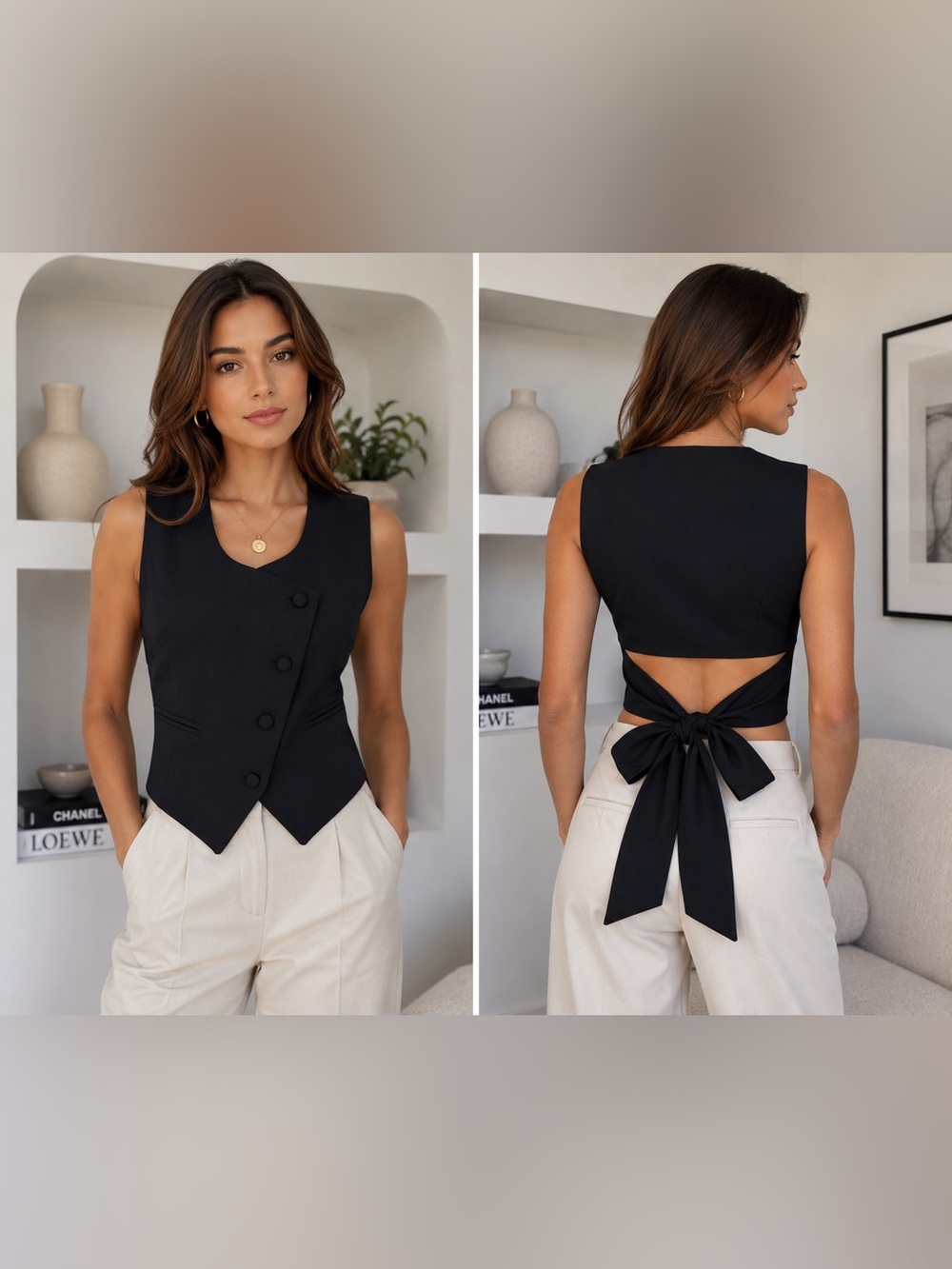 Bluzat Moda Urbana Black Asymmetrical Tie Back Vest Sleeveless Chic Top Size S
